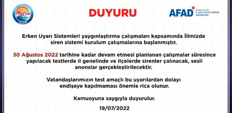 Mersin’de ikaz alarm ve siren testleri yapılacak